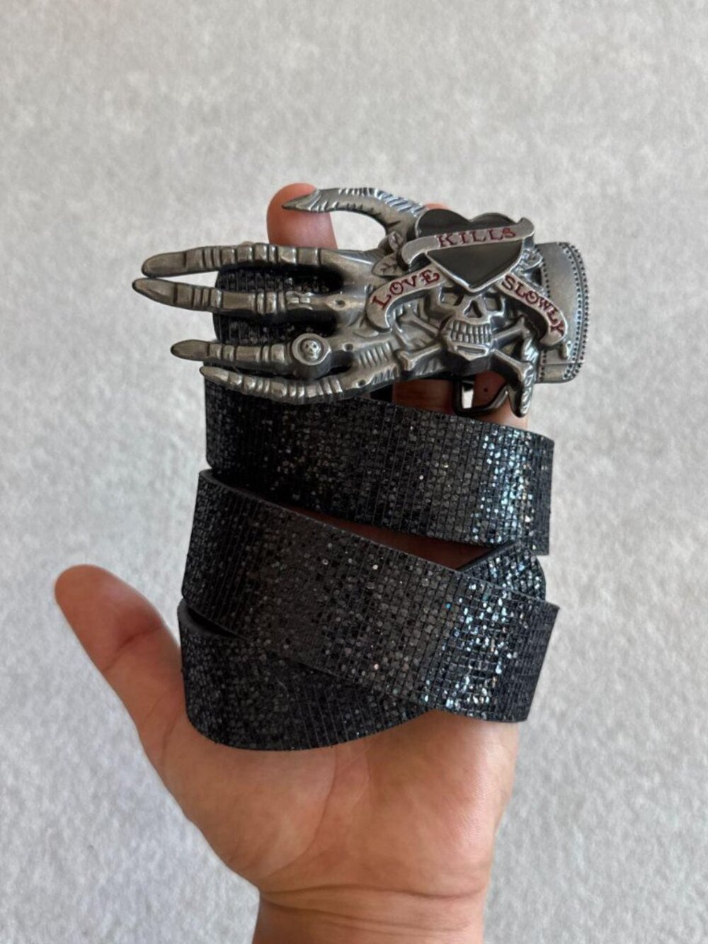 Black Shimmer Skull Skeletal Hand Buckle Belt